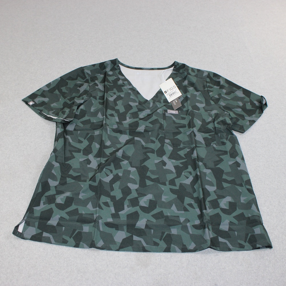 FIGS Scrub Top Women Large Green Camo Catarina One Pocket V Neck Stretch